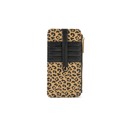 Sleek vegan leather wallet with bold leopard print, black card slots, black strap with gold ring, right-side zippered cash pocket with gold zipper, and cheetah print lining. Sizes available: not specified.