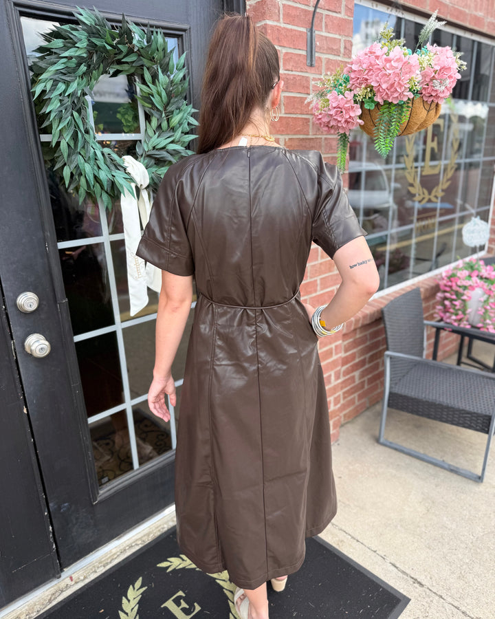 Brown Faux Leather Waist-Tie Midi Dress with side pockets; available in XS-XL.