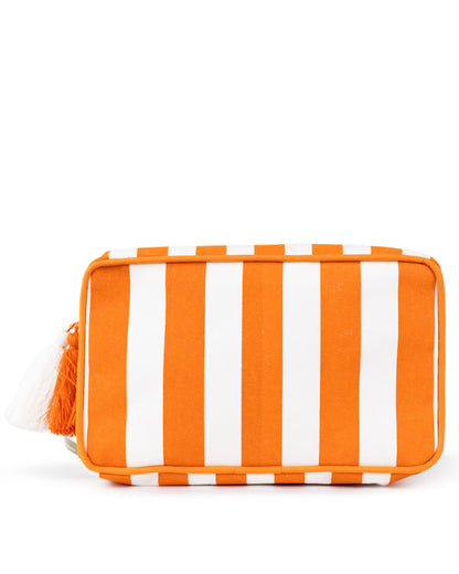 Burnt orange and white striped cosmetic bag, laminated canvas, zipper, tassel. Available in small and large sizes.