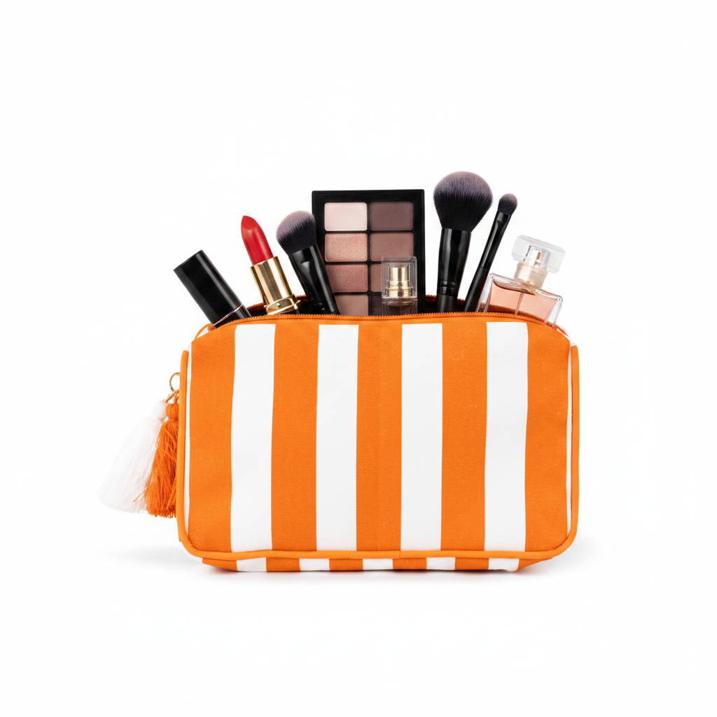 Burnt orange and white Megan Stripe Cosmetic Bag, laminated canvas, available in small, medium, and large sizes.