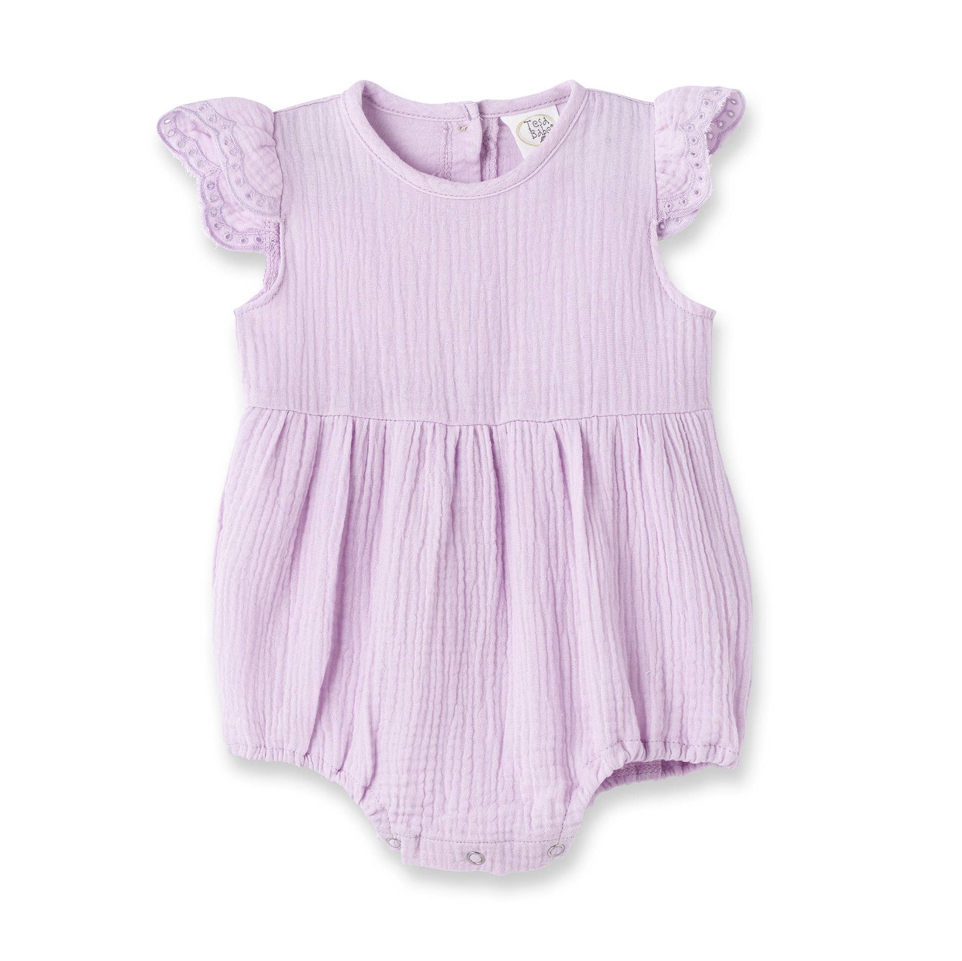 Lavender Bubble Gauze Bodysuit: soft cotton muslin, lace trim, gathered waist, snap buttons, flutter sleeves. Sizes: NB-24M.