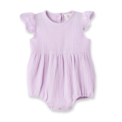 Lavender Bubble Gauze Bodysuit: soft cotton muslin, lace trim, gathered waist, snap buttons, flutter sleeves. Sizes: NB-24M.