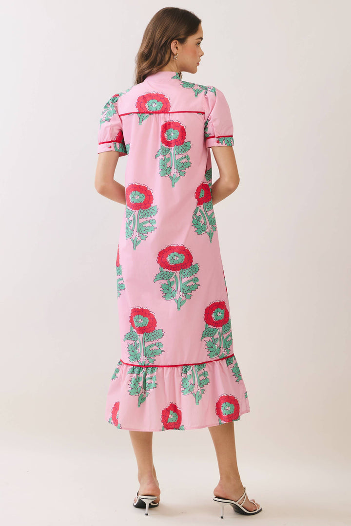 Pink Floral Print Mandarin Collar Midi Dress with bold red and green prints, short sleeves, ruffled hem. Sizes XS-XL.