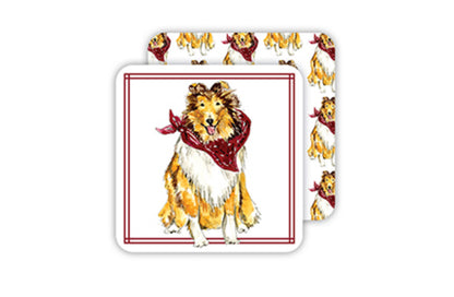 Square Coaster Handpainted: Features a hand-drawn Collie dog with a red bandana and red-lined border. Available sizes: 4-inch x 4-inch.