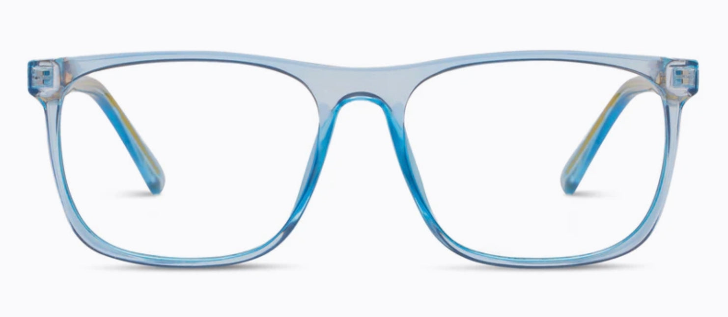 Blue rectangular eyeglass frames with transparent, glossy finish and soft square shape. Available in multiple sizes.