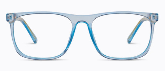 Blue rectangular eyeglass frames with transparent, glossy finish and soft square shape. Available in multiple sizes.