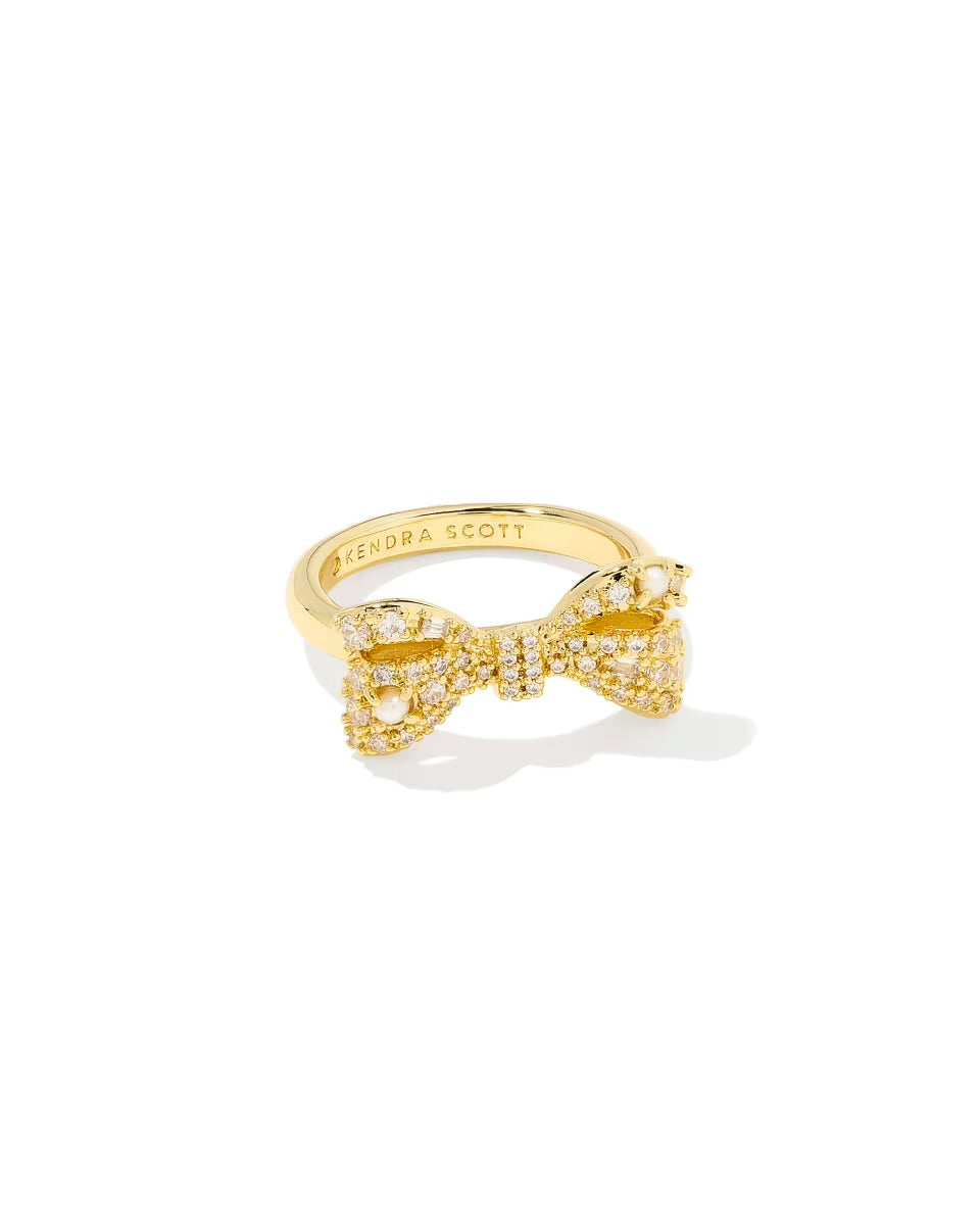 Gold Krista Bow Cocktail Ring with sparkling bow, "KENDRA SCOTT" interior engraving. Available in sizes 5-9.
