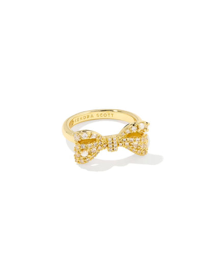 Gold Krista Bow Cocktail Ring with sparkling bow, "KENDRA SCOTT" interior engraving. Available in sizes 5-9.