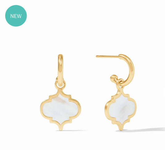 The Helene Inlay Hoop & Charm Earring Gold is an ornate Moroccan-shaped piece with a mother of pearl inlay. It is marked as "new". Available in one size.