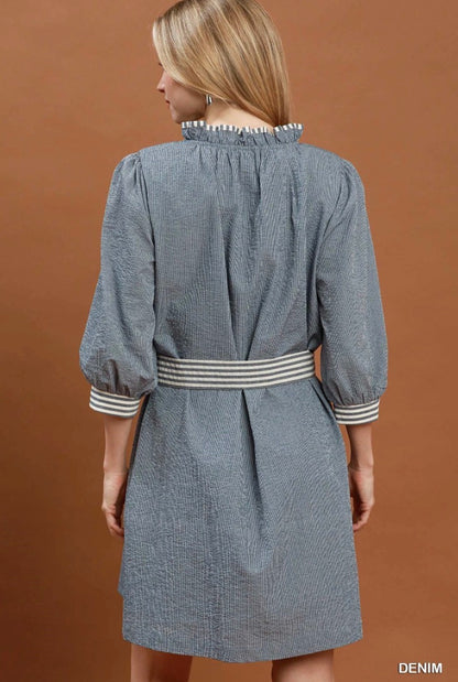 Contrast Tie Waist Mini Dress with puffed sleeves, ruffled collar, and blue-and-white striped contrast on an A-line silhouette; available in sizes XS to XL.