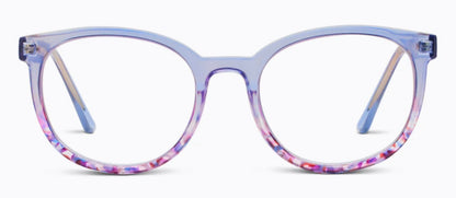 Round eyeglasses with translucent blue frames and pink-purple marbled bottom rims. Sizes: narrow, medium, wide.