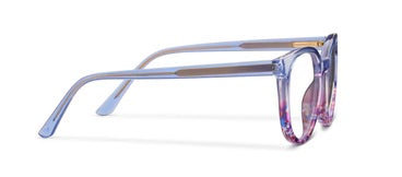 Peepers That's a Wrap eyeglasses with multicolor blue and purple crystal frames, straight temples, rounded lenses. Sizes: S/M, L.