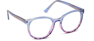 Round, translucent blue frames with purple-pink accents. Sizes: small, medium, large.