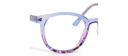 Peepers That's a Wrap round frames, translucent blue and purple with pink, white, and purple marbling. Sizes: Small-Large.