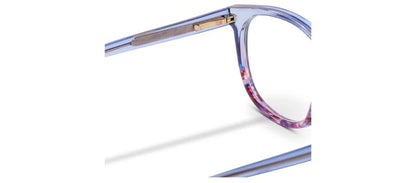 Peepers That's a Wrap eyeglasses with translucent blue and pink crystal frames, shown hinge and temple arm. Sizes: narrow, wide.