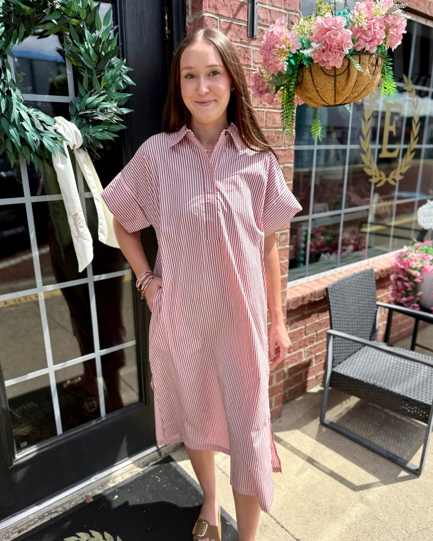 Pink & Brown Striped Polo Midi Dress. Available in sizes XS–XL.