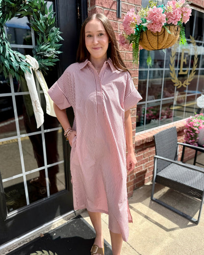 Pink & Brown Striped Polo Midi Dress. Available in sizes XS–XL.