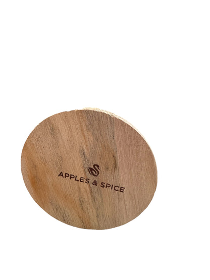 Round wooden lid with "APPLES & SPICE" engraving and symbol; fits Timeless 12oz jar.
