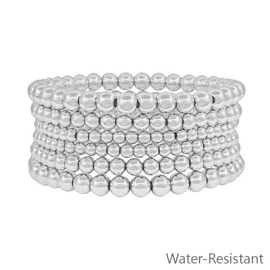 Water Resistant Set of 6 Silver Beaded Stretch Bracelets