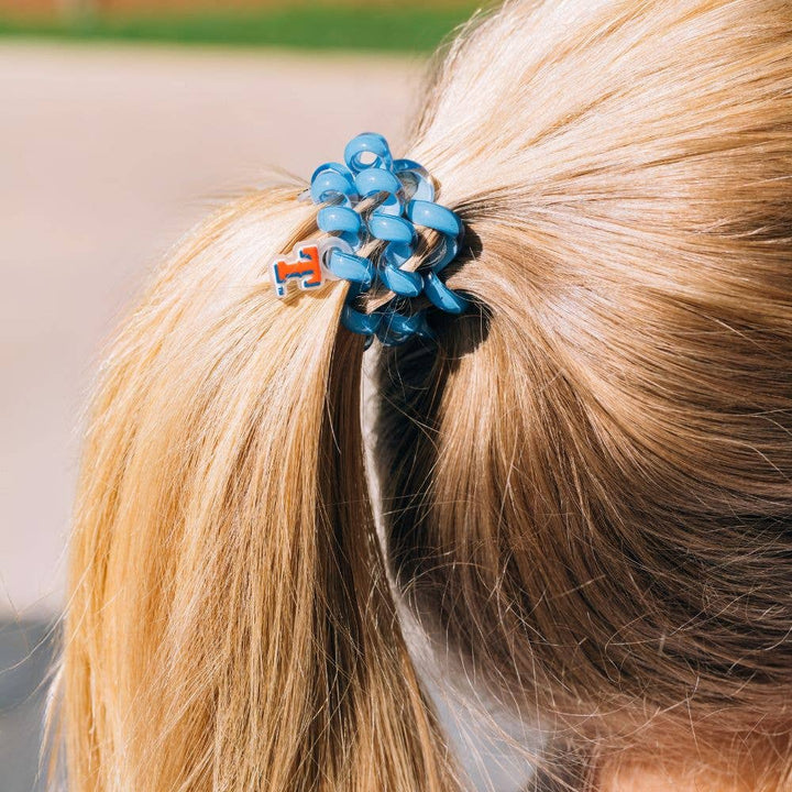 Texas Rangers Spiral Hair Coil with blue coils and orange/blue charm. Available in small, medium, and large sizes.