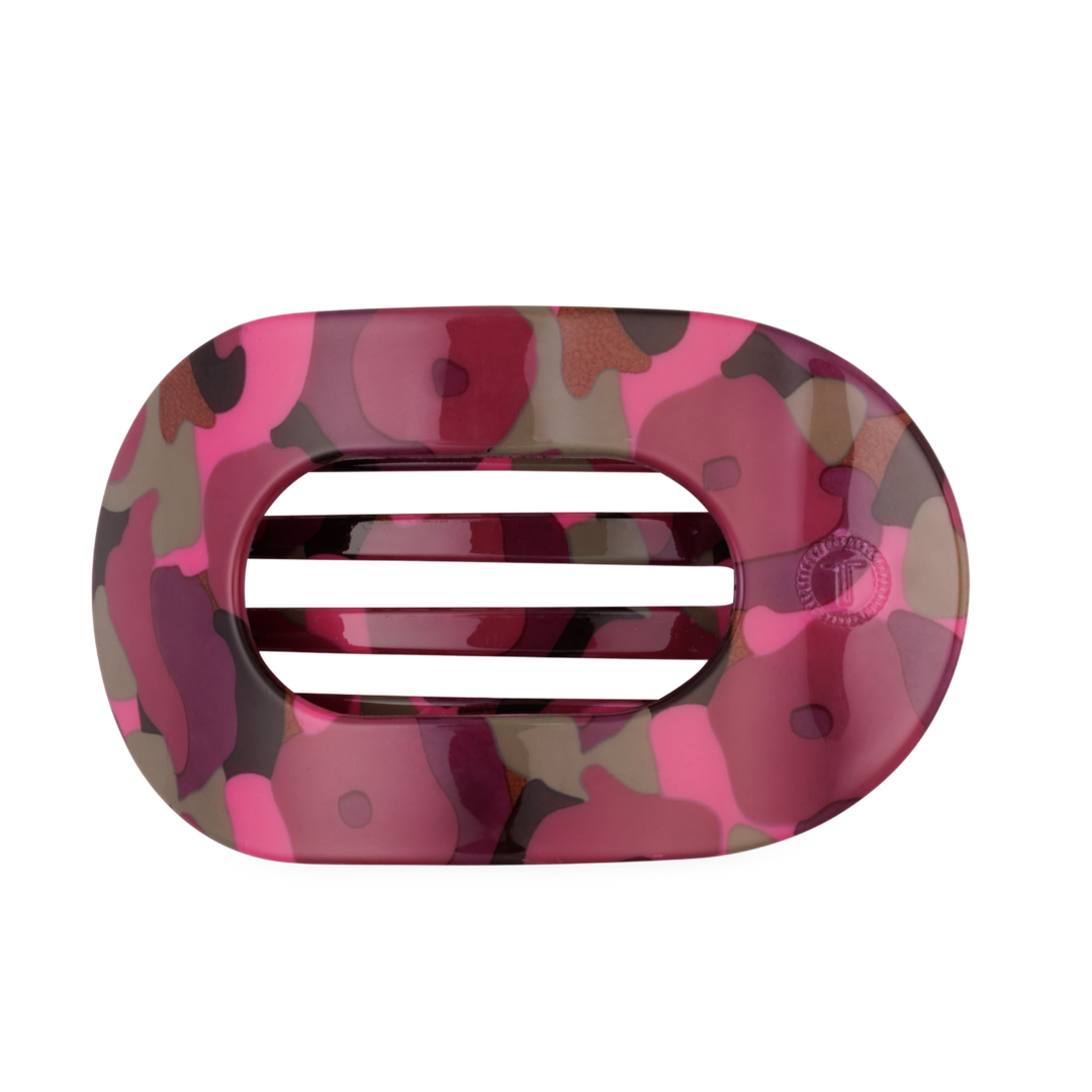 Garden Glam Large Flat Round Hair Clip with a rectangular shape, rounded edges, and three horizontal bars in pink, purple, and brown camouflage; available in large size.