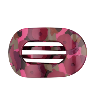 Garden Glam Large Flat Round Hair Clip with a rectangular shape, rounded edges, and three horizontal bars in pink, purple, and brown camouflage; available in large size.