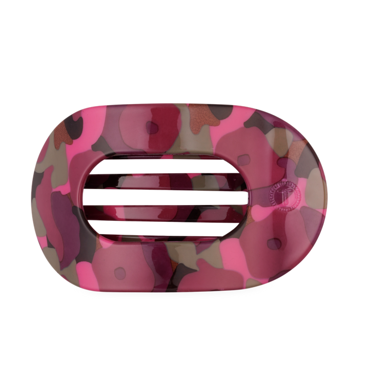 Garden Glam Large Flat Round Hair Clip with a rectangular shape, rounded edges, and three horizontal bars in pink, purple, and brown camouflage; available in large size.