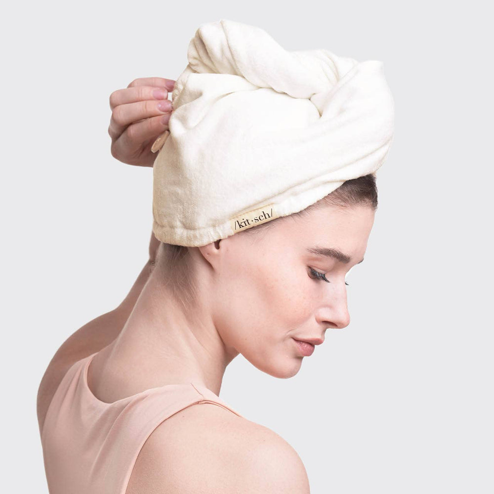 Quick Dry Hair Towel - Ivory with "Kit-sch" tag. Available in standard and large sizes.