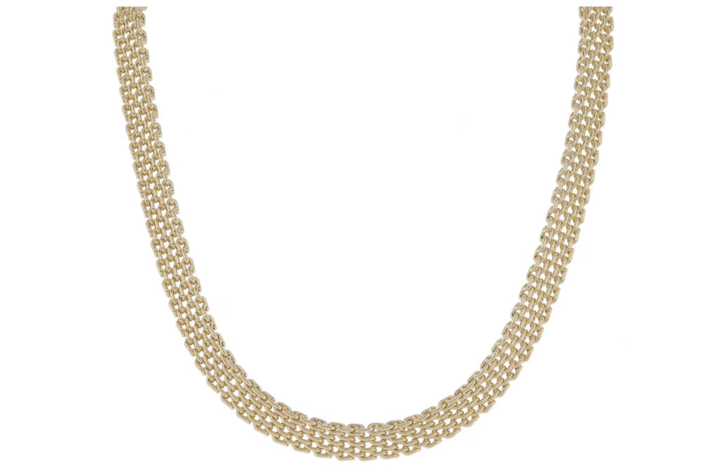 16" Gold Mesh Band Chain. Features a double-link design for a thick, intricate look. Luxurious and timeless refinement.