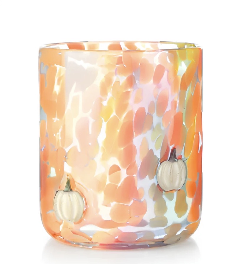 Heirloom Pumpkin Icon Candle, 12oz size, soy wax in a glass tumbler with iridescent orange, pink, and white speckles and two small raised white pumpkins; pumpkin custard scent.
