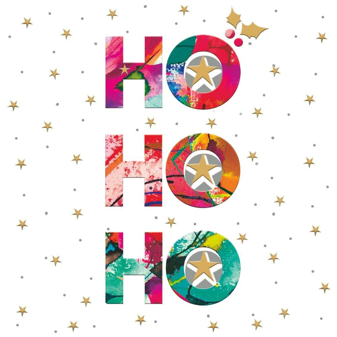 3-ply HoHoHo paper guest towels with “HO HO HO” print featuring gold star details.
