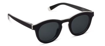 Black round bifocal sunglasses with thick edges, dark lenses, and UV400 protection. Sizes available: Narrow, Average.