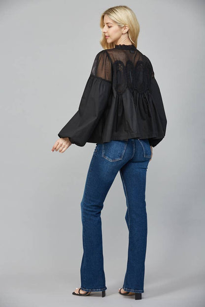 Lace Appliqué Detail Mixed Media Long Sleeve Blouse