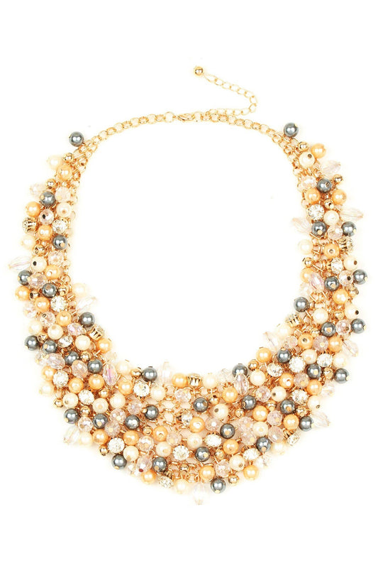 Gold Vanida Necklace with strands of gold, silver, pearl-like beads, crystals, cubic zirconia. Available in 16", 18", 20".