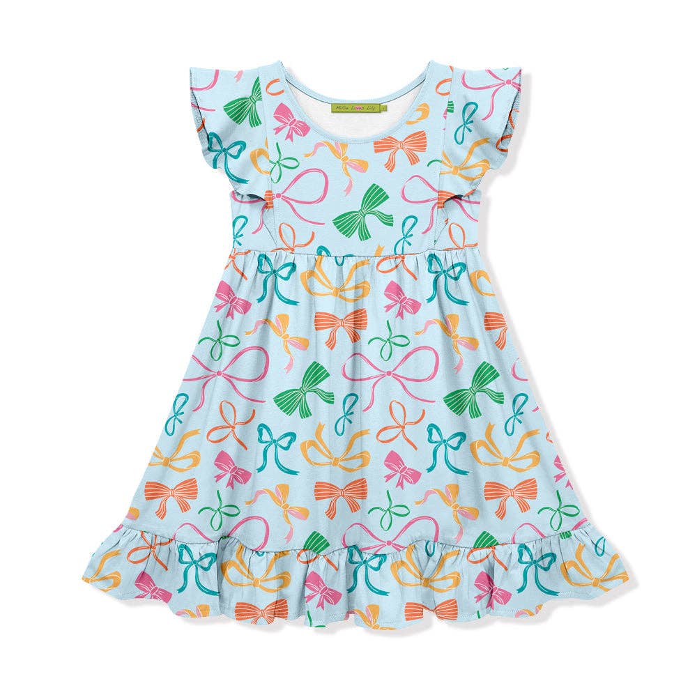 Ice blue angel-sleeve dress with short flutter sleeves, ruffled hem, colorful bows. Available in kids' sizes.