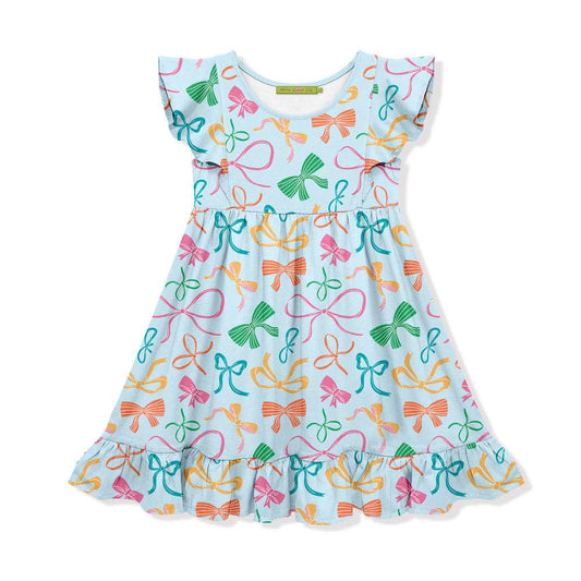 Ice blue angel-sleeve dress with short flutter sleeves, ruffled hem, colorful bows. Available in kids' sizes.
