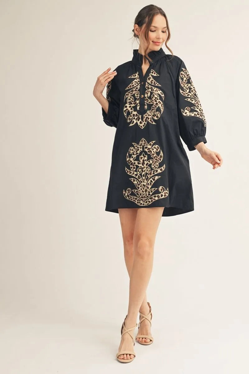 Black & Leopard Baroque Button Up Dress, available in sizes XS–XL.