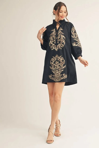 Black & Leopard Baroque Button Up Dress, available in sizes XS–XL.
