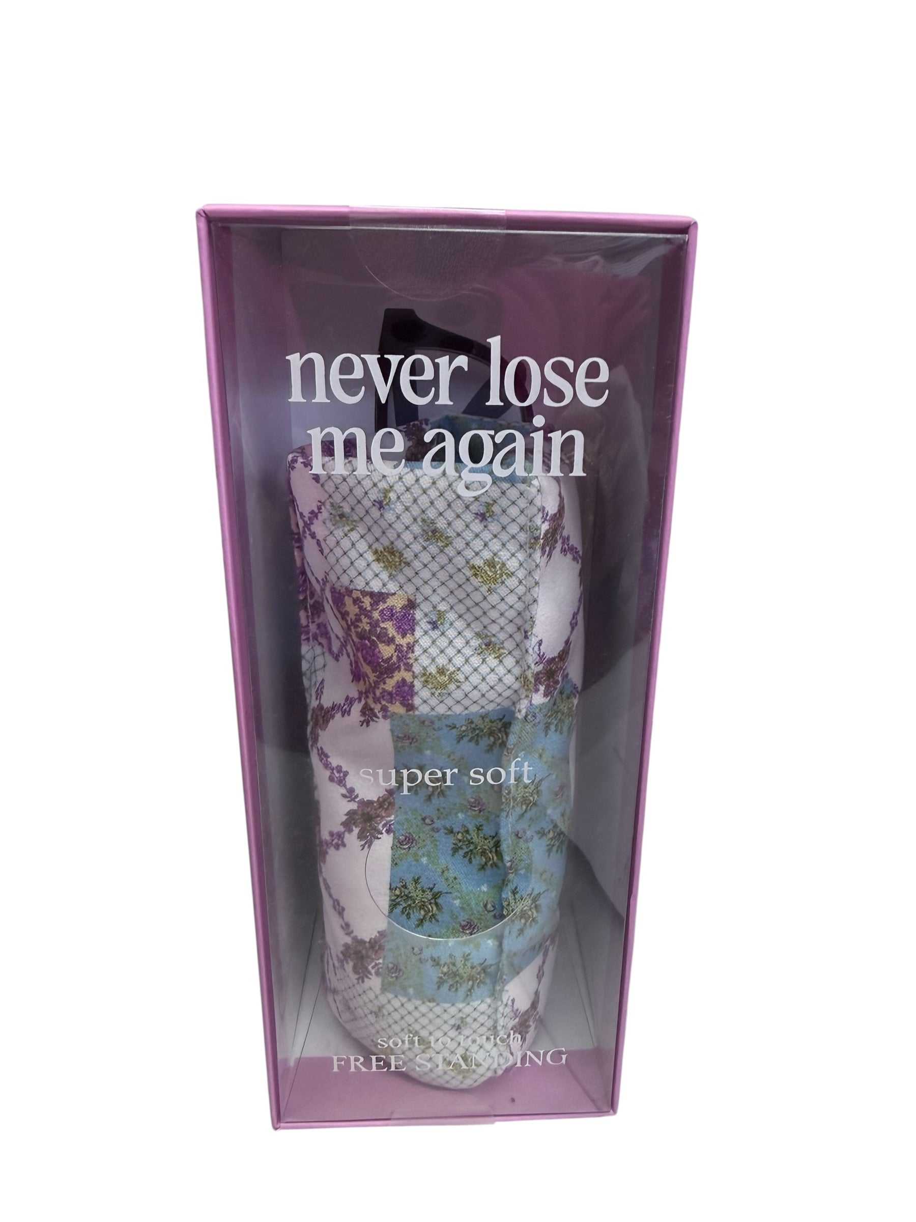 Pink box labeled "Free Standing Glasses Holder," includes 3 floral holders. Available sizes: small, medium, large.