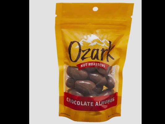4oz resealable yellow bag of Chocolate Almonds with a clear window showing chocolate-covered almonds.