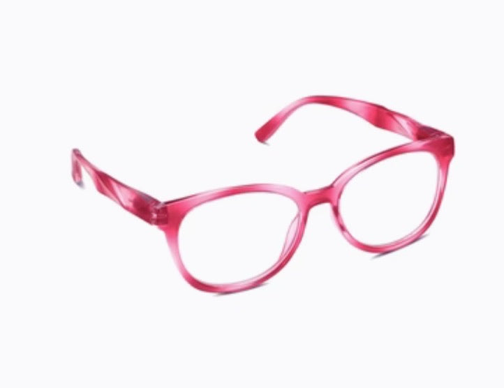 The Peepers - Virginia eyeglasses with round pink translucent frames and faceted temples. Sizes: S, M, L.