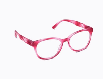 The Peepers - Virginia eyeglasses with round pink translucent frames and faceted temples. Sizes: S, M, L.