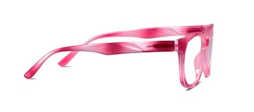 Translucent pink soft square eyeglasses with thick faceted temples; available sizes: small, medium, large.