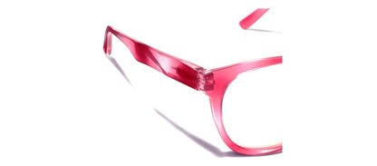 Peepers Virginia pink transparent eyeglasses with faceted temples. Available in narrow, medium, and wide sizes.