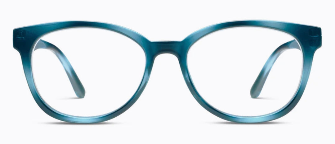 Blue soft square eyeglasses with clear lenses, faceted temples, and glossy finish. Sizes available: small, medium, large.
