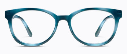 Blue soft square eyeglasses with clear lenses, faceted temples, and glossy finish. Sizes available: small, medium, large.