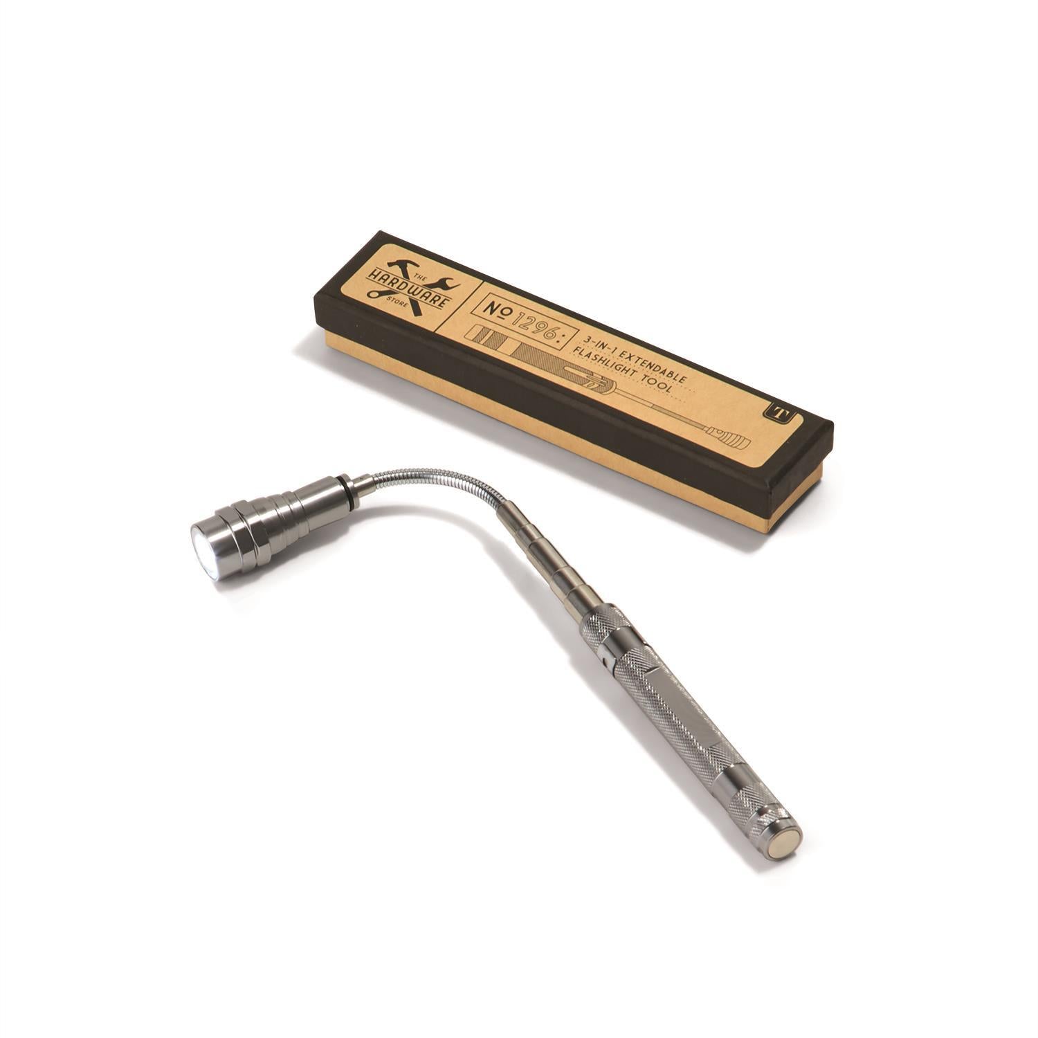 Extendable Flashlight Pick-Up Tool in Gift Box with silver flexible neck, metallic body; available in various extendable sizes.