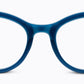 Peepers Daphne: blue rounded eyeglass frames, multicolor geometric arms in white, blue, orange. Sizes: narrow, average.