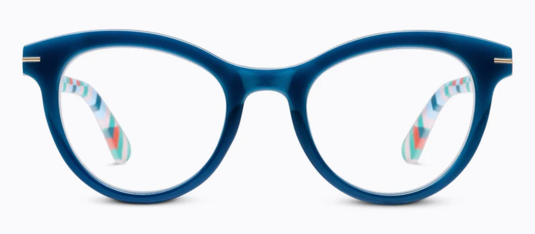 Peepers Daphne: blue rounded eyeglass frames, multicolor geometric arms in white, blue, orange. Sizes: narrow, average.
