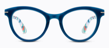 Peepers Daphne: blue rounded eyeglass frames, multicolor geometric arms in white, blue, orange. Sizes: narrow, average.